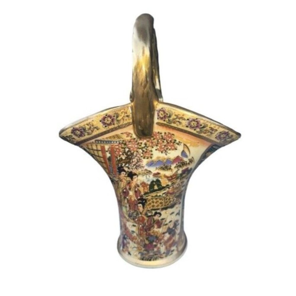 Royal Satsuma Hand Painted Porcelain Vase with Geishas Gold Gilded Scenic